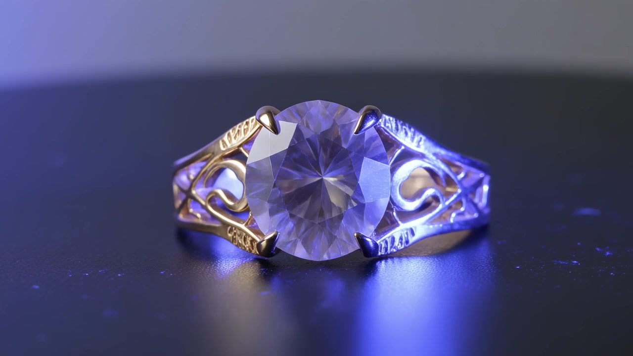 Shifting filigree gold ring on glossy table, camera panning showing faceted gem blue-lit display