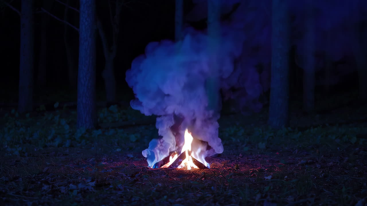 Campfire in the Forest at Night with Colorful Smoke
