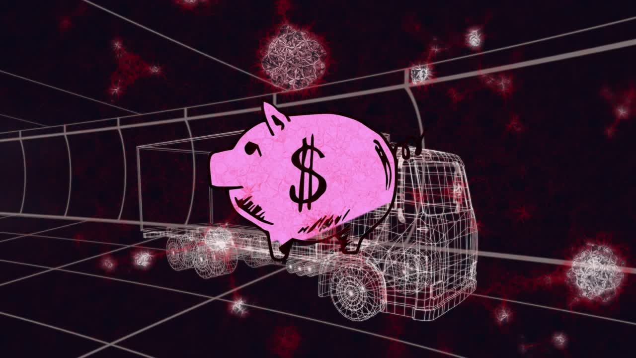 Animazione di molecole e un'icona a forma di salvadanaio su un camion digitale su sfondo nero.