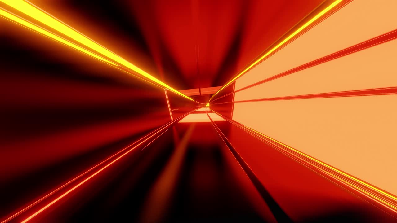 네온 조명, 카메라가 터널을 날아다니며, 네온 조명이 박이는 4k 은 추상적인 하이테크 터널, 사이버 크 스타일의 은 오렌지색 배경