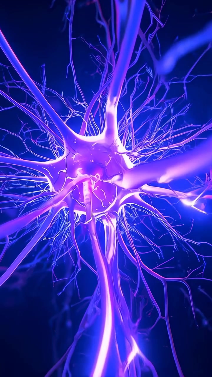 Vertical video: Zooming soma pulsing, signaling along branches toward white flare in neural field