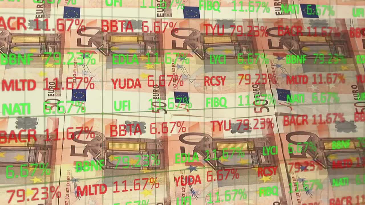 유로화폐 지폐에 대한 금융 데이터 처리의 애니메이션