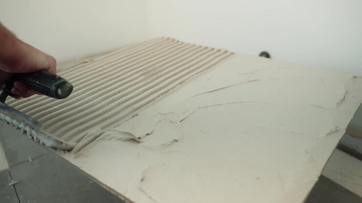 Close-up of a worker combing fresh tile adhesive with a notched trowel, forming uniform parallel ridges across the substrate before laying a floor tile.