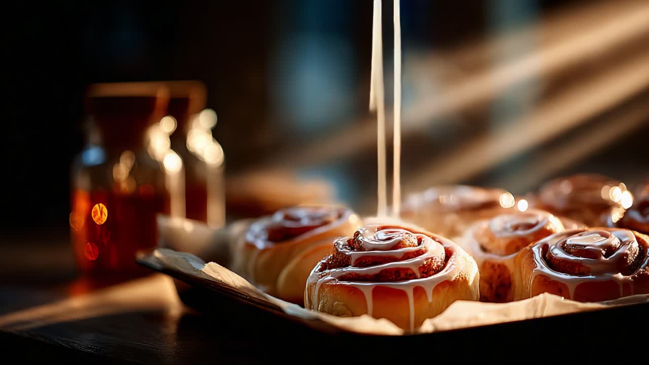 Indulge in the Sweet Delight of Freshly Baked Cinnamon Rolls Glazed with Creamy Icing, Surrounded by Rustic Warm Lighting and Artisanal Bottles in a Cozy Kitchen Setting