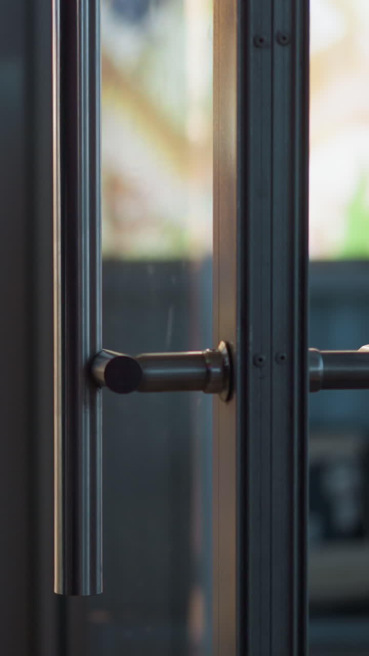 крупный вид на стеклянную дверную ручку с размытым фоном комнаты, с людьми, входящими и выходящими