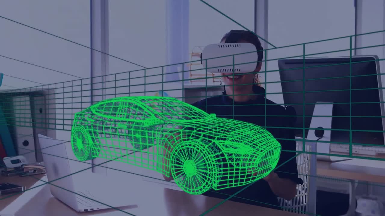 modelo de coche 3d sobre túnel digital contra una mujer que usa auriculares vr en la oficina