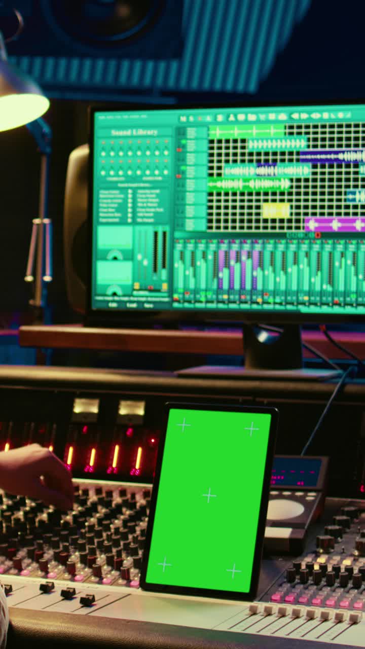 Audio Engineer Adjusting Mixing Console with Green Screen Tablet