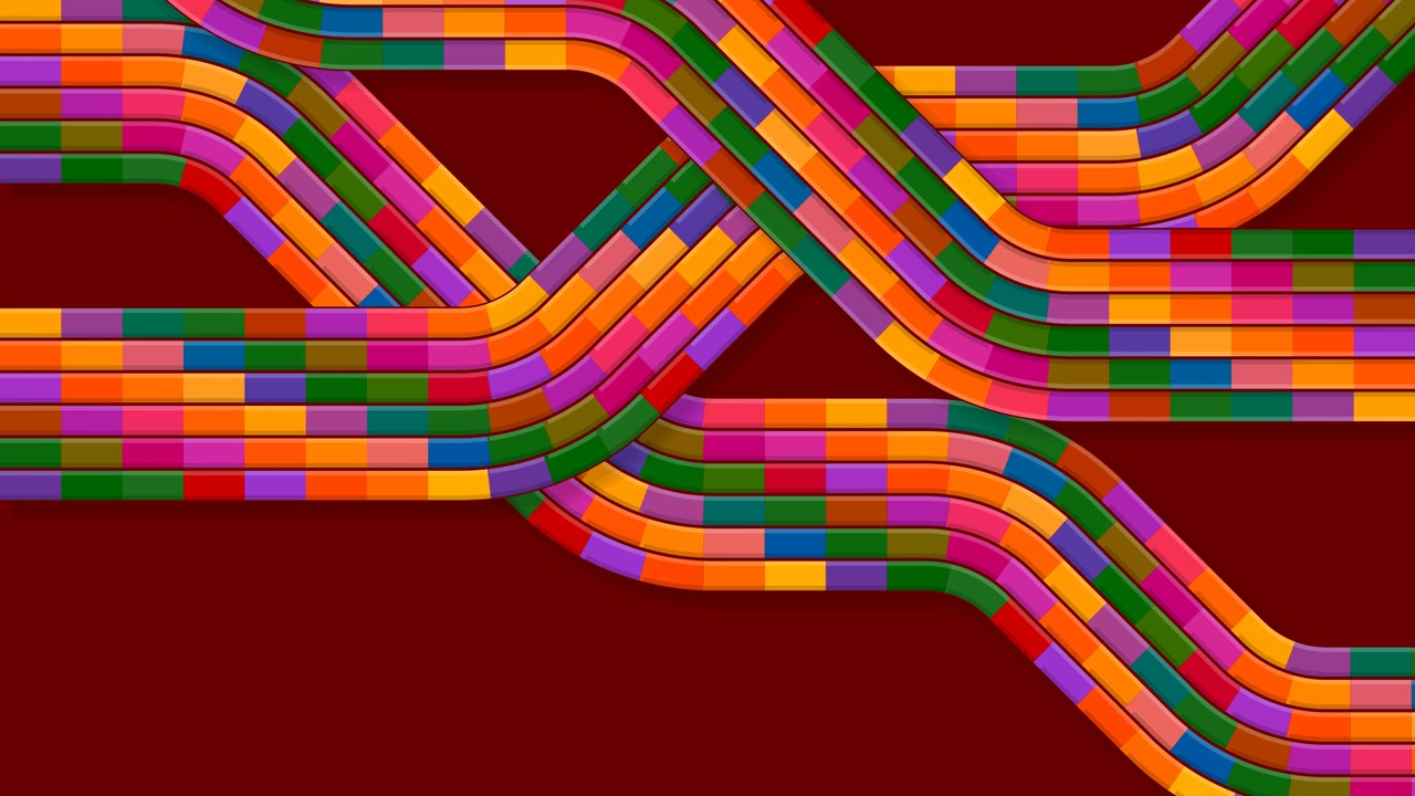 Colorful segmented ribbons sliding and crossing in a continuous geometric network, loopable animation on red background