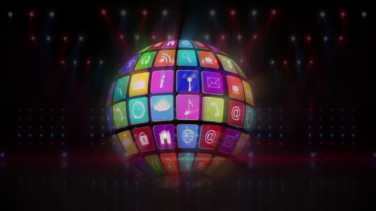 mundo giratorio de coloridos iconos de aplicaciones animación sobre el escenario con focos