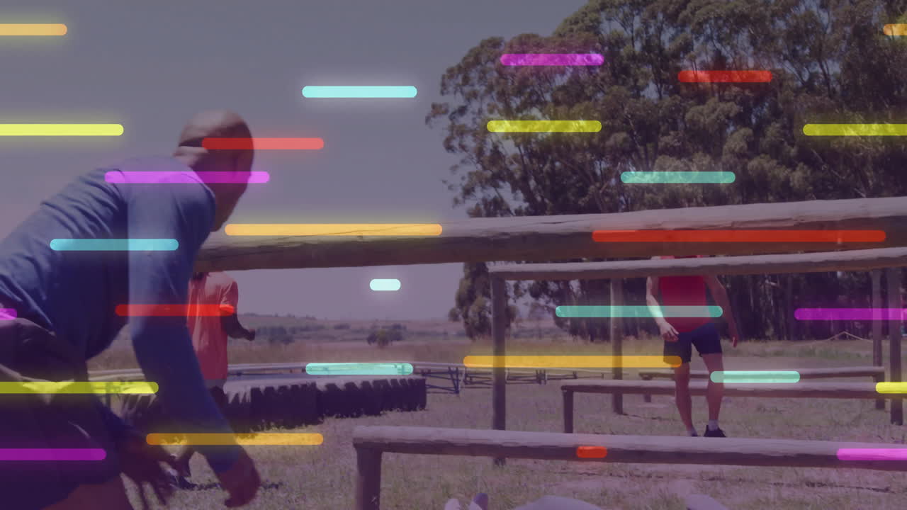People exercising outdoors with colorful light streaks animation over scene
