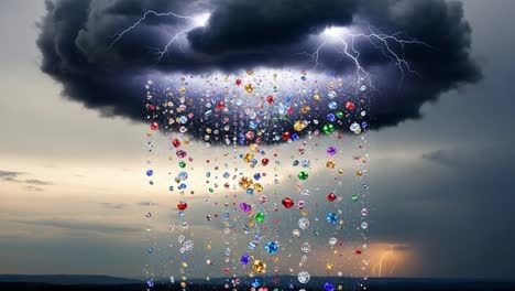 a dramatic downpour of multicolored gems: nature's spectacle of lightning and sparkling rainfall captured in two striking frames