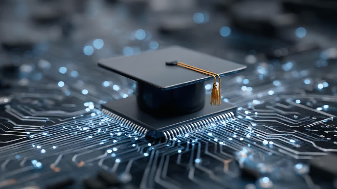 A Symbol of Knowledge: Graduation Cap Positioned on a Circuit Board, Symbolizing the Intersection of Education and Technology in the Digital Age