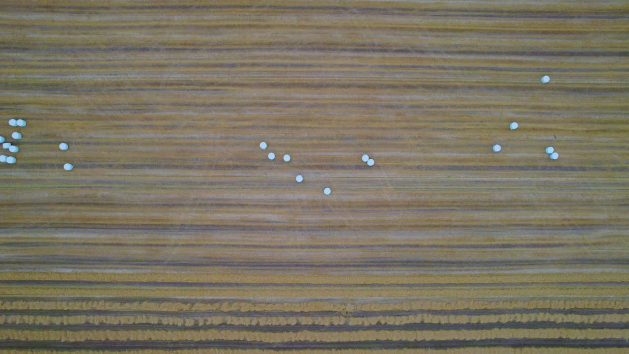 위에서 아래로 드론 공중 보기, 둥근 플라스틱 포장된 건초 공, 옆으로 돌리