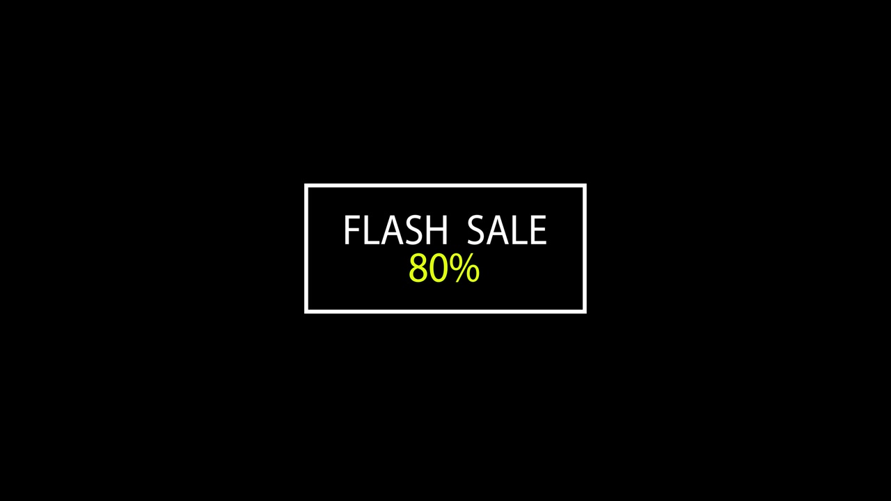 Layar hitam, animasi teks flash sale delapan puluh persen.