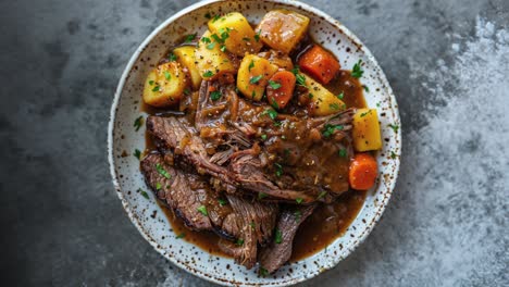 delicious pot roast with tender vegetables on rustic plate