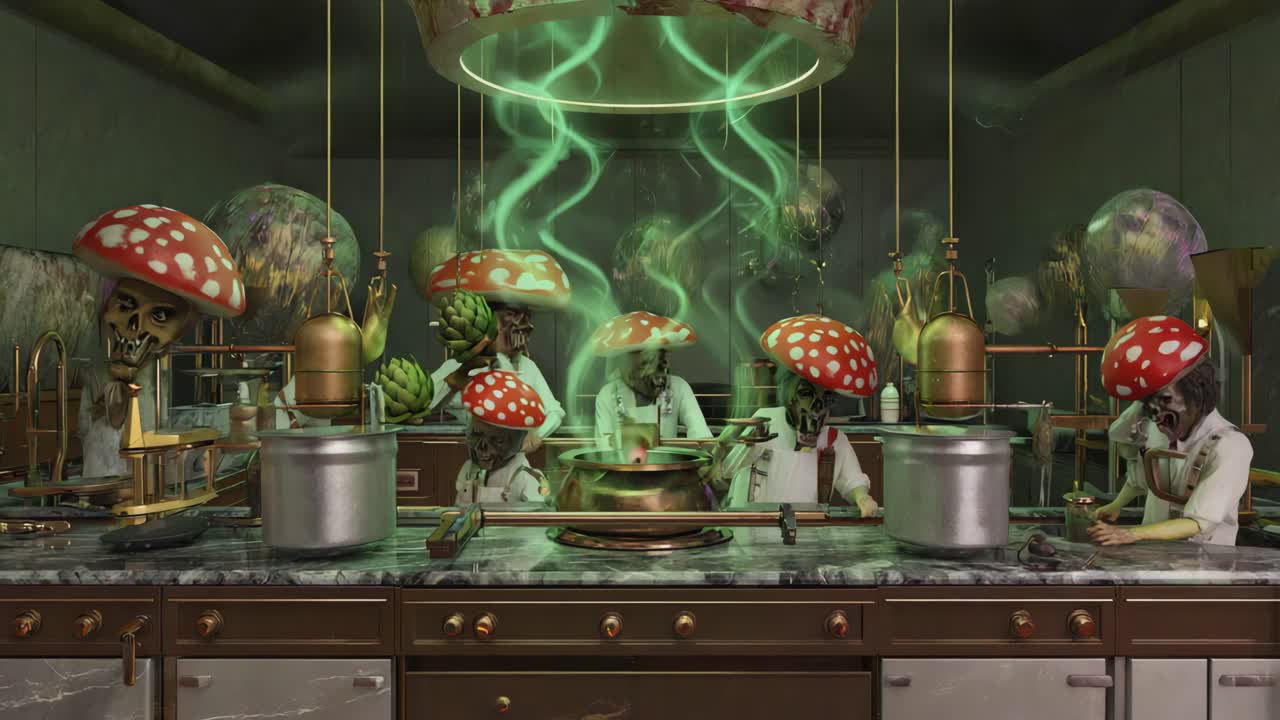 Surreal Mushroom Creature Alchemical Kitchen