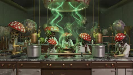 surreal mushroom creature alchemical kitchen