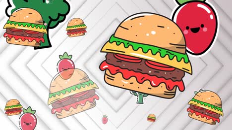 Animation-of-hamburger-icons-falling-over-white-diamond-circles