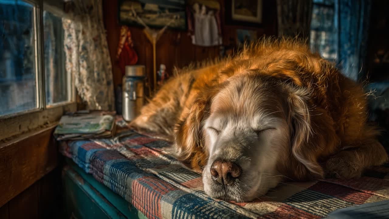 A Golden Retriever Contentedly Sleeping on a Colorful Tartan Blanket in a Cozy Room Bathed in Warm Morning Light