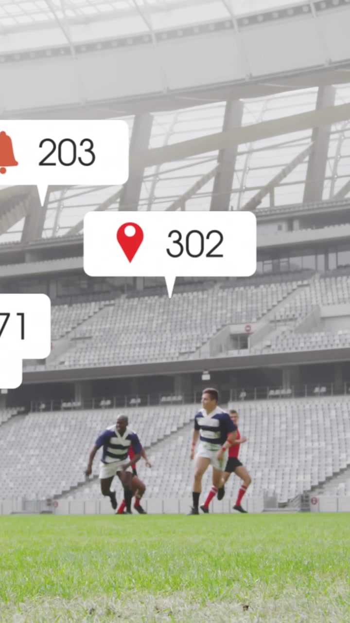 Animazione di icone dei media su diversi giocatori di rugby maschi che giocano allo stadio