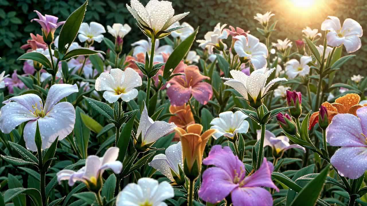 Nærbillede, lavvinkeloptagelse af farverige blomster med dug, baggrundsbelyst af sollys, hvilket skaber en fredfyldt