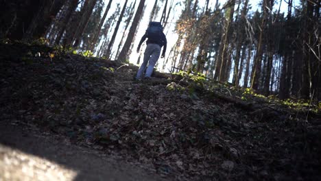 Hiker-walks-uphill-through-forest-over-leaves-in-autumn