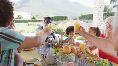 video of diverse family spending time together and having dinner outside