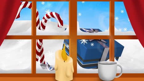 animation of snow falling over christmas present behind window