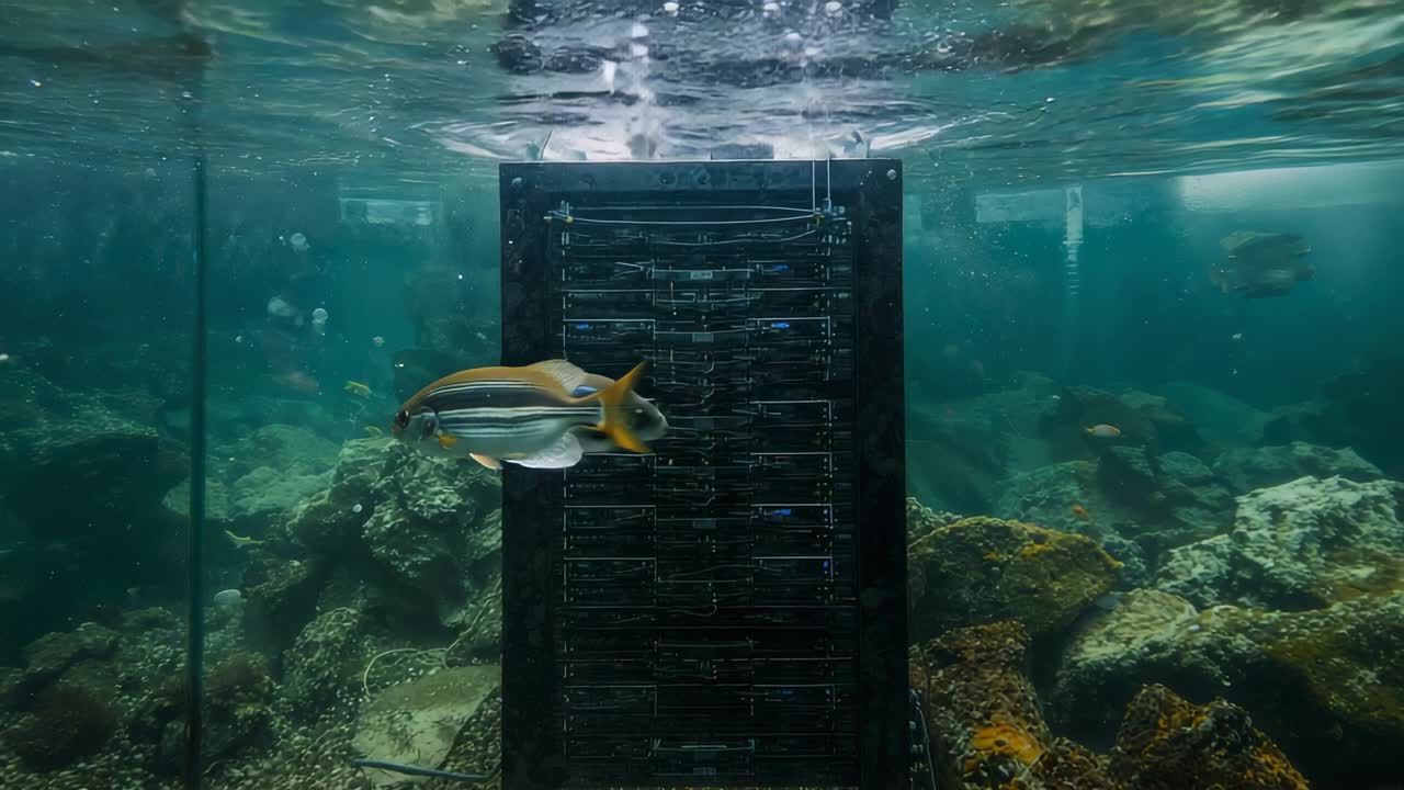 Due pesci a strisce con la coda gialla nuotano davanti a un mobile nero al centro dell'acquario, con bolle che salgono.