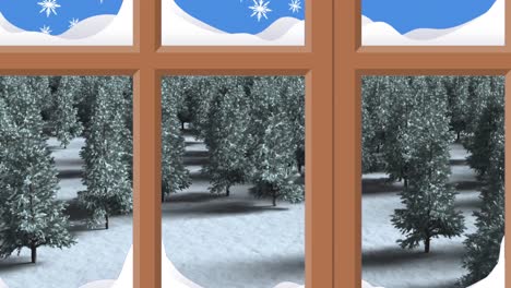 Animation-Der-Weihnachtlichen-Winterlandschaft-Und-Des-Fallenden-Schnees,-Gesehen-Durch-Das-Fenster