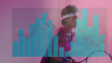 analyzing performance metrics, tennis player in action with data chart overlay