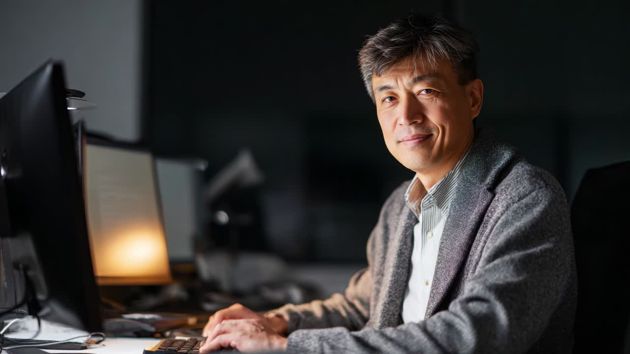 A focused professional works late into the night at his desk, with computer screens glowing in the background, showcasing dedication, determination, and the quiet atmosphere of productivity after hours