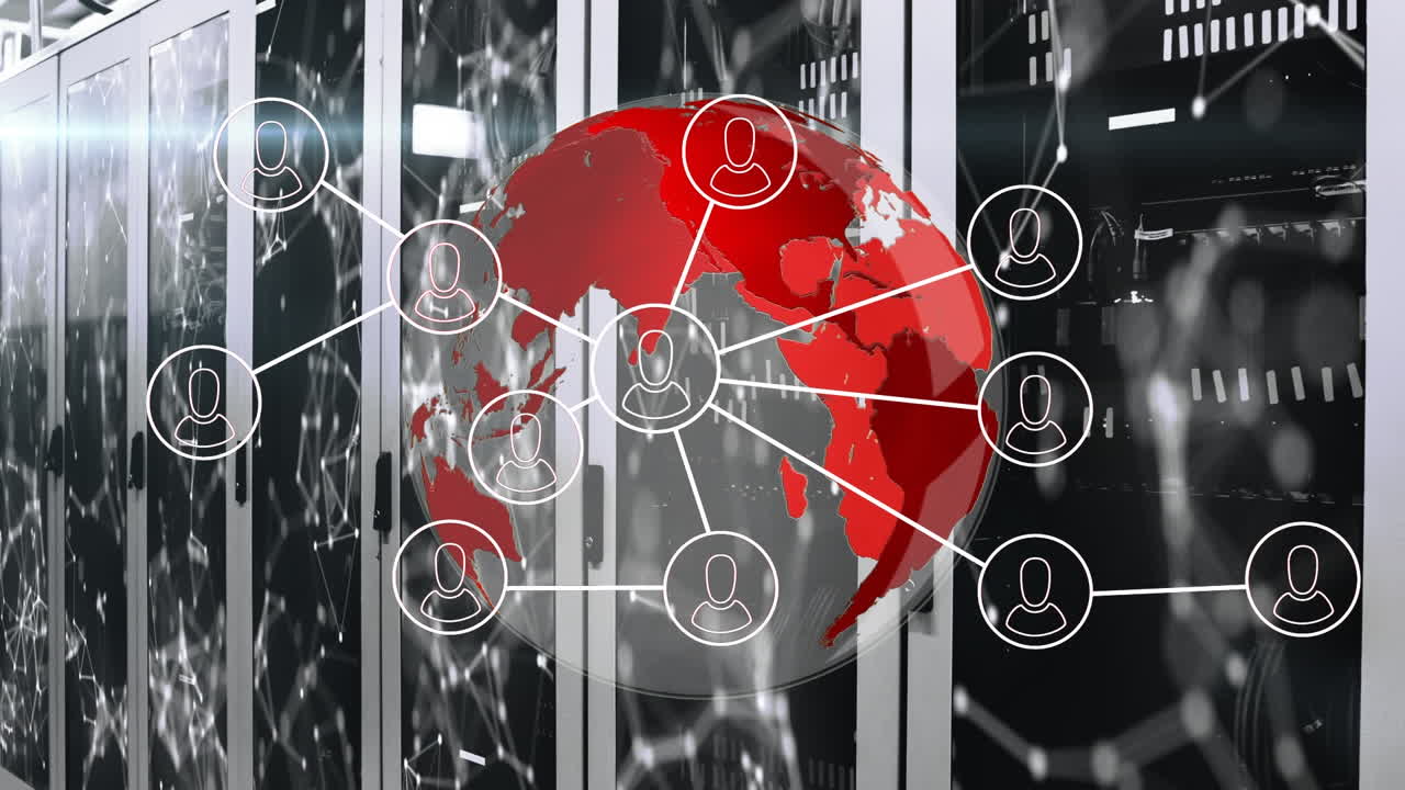 animación de la red de conexiones con personas iconos sobre servidores de computadoras y globo