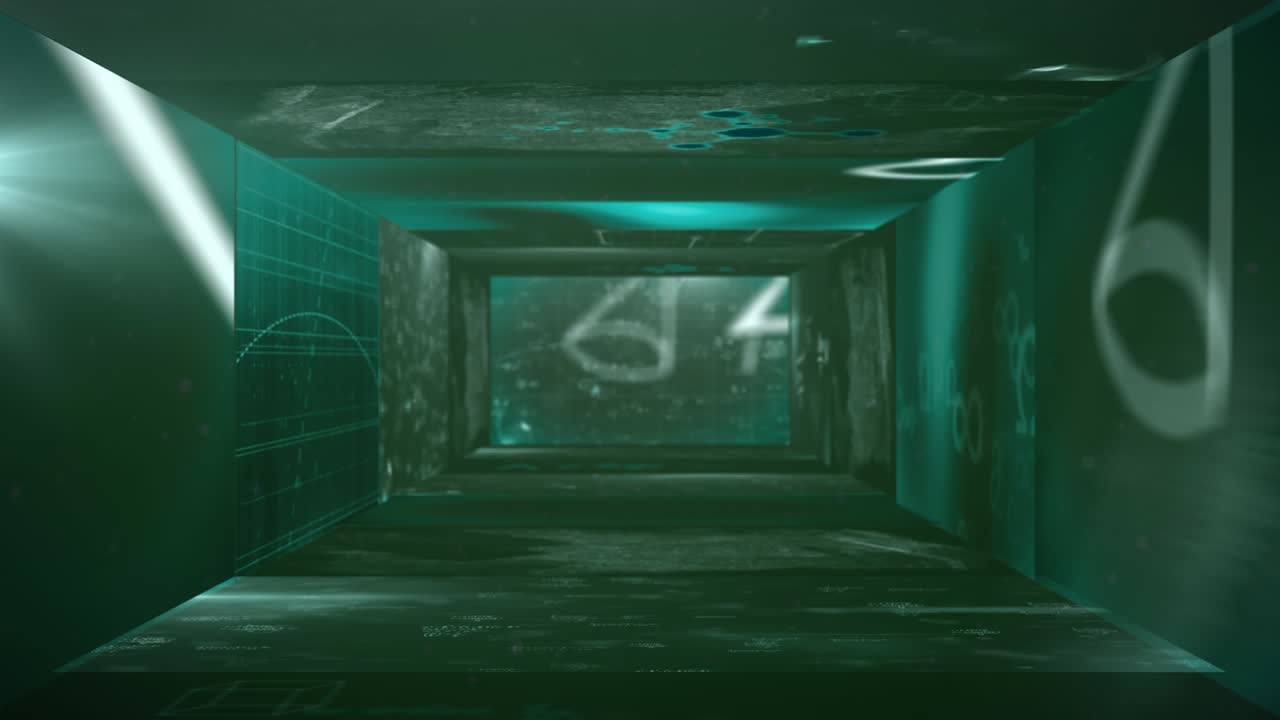 Animation of numbers and data processing on screens over christmas tree