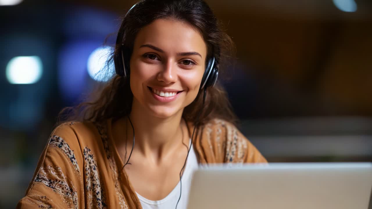Una giovane donna allegra con le cuffie sorride mentre usa un laptop, incarnando concentrazione e coinvolgimento in un ambiente accogliente e ben illuminato, connettendosi digitalmente