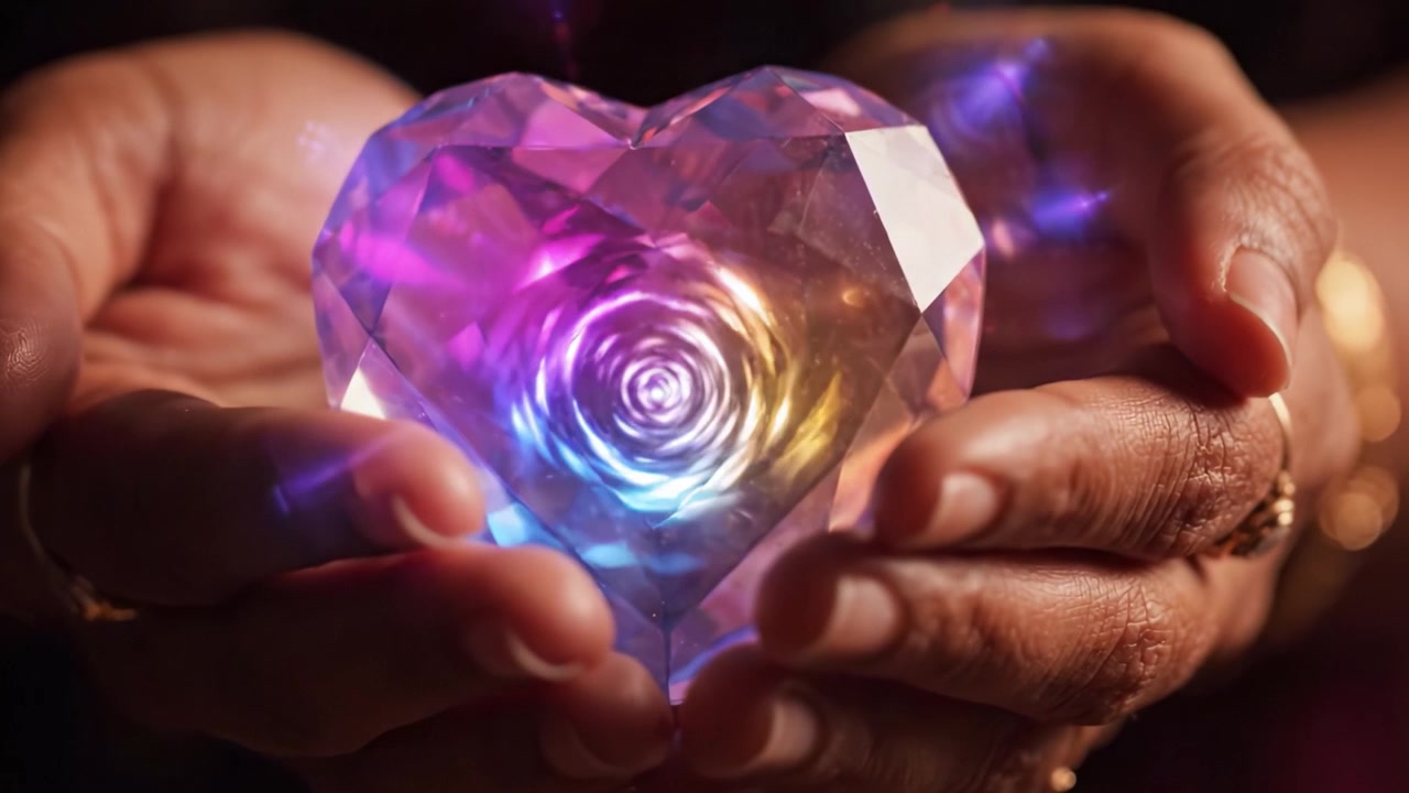 Illustrating the Beauty of a Multifaceted Heart-Shaped Crystal Reflecting Light, Symbolizing Love and Emotions in a Captivating and Colorful Display in Hands