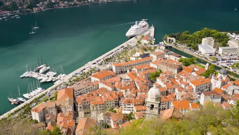 Historical-Kotor-Old-town-and-the-Kotor-bay-of-Adriatic-sea-from-above,-Kotor,-Montenegro,-static-shot