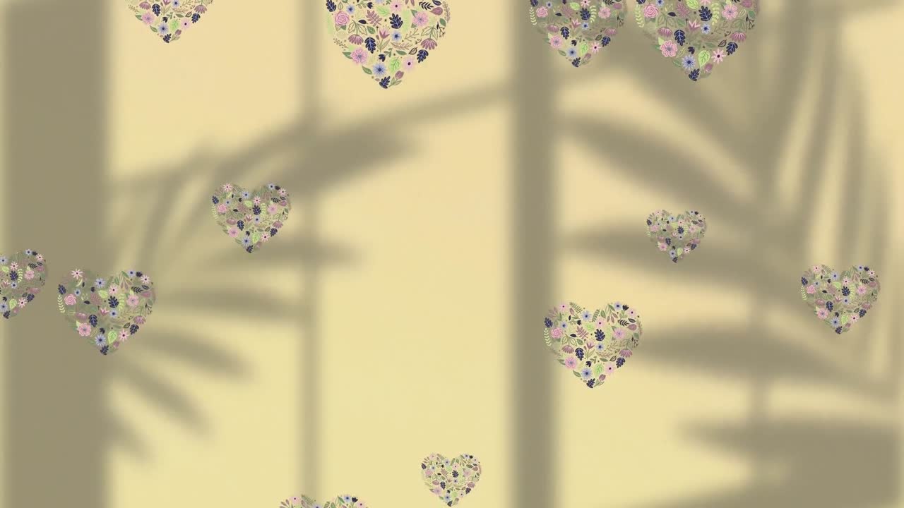 노란색 배경에 심장이 있는 잎 패턴의 애니메이션