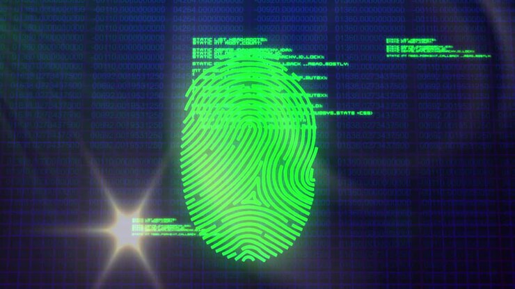 Animation of fingerprint scanning with programming language and lens flare over blurred binary codes