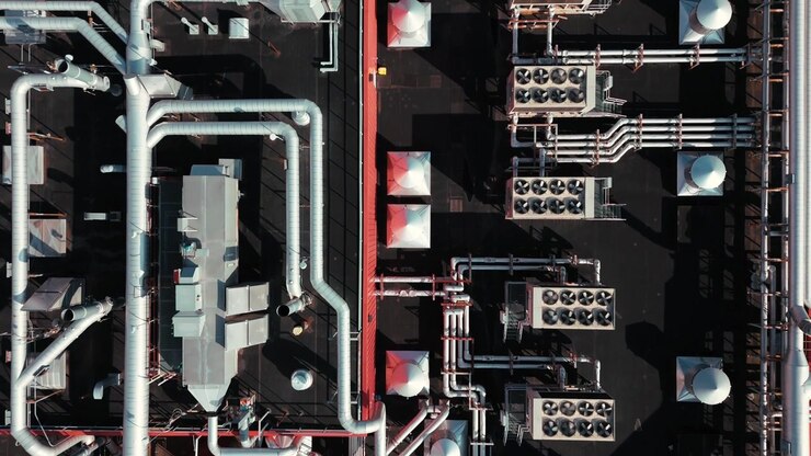 Close-up udara dari sistem perpipaan HVAC yang kompleks di atap, menunjukkan jaringan pipa logam yang rumit, pan dari atas ke bawah saat kipas berputar.