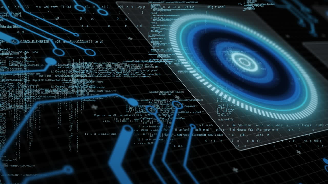Animation of data processing with scope scanning on black background