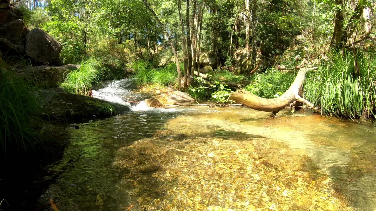 Metraje 4K de laguna en Portugal con pequeña cascada y arroyo.