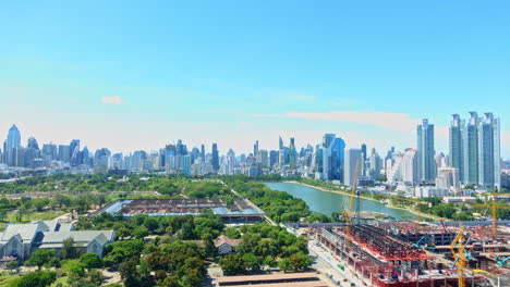 clear blue skys hang over a busy bangkok