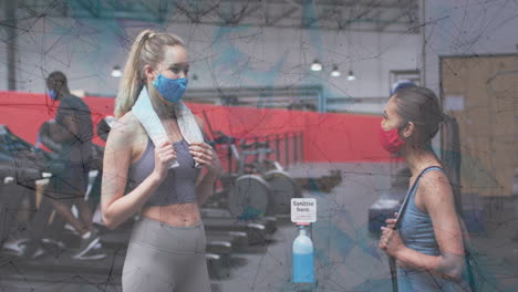 network of connections against two women greeting each other by touching elbows at gym