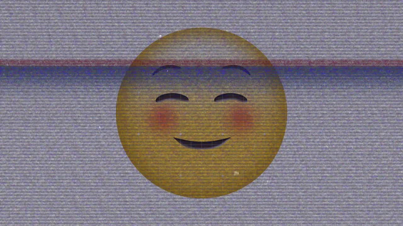 tv의 디지털 애니메이션 정적 효과가 회색 배경에  ⁇ 은 얼굴 이모티콘 위에