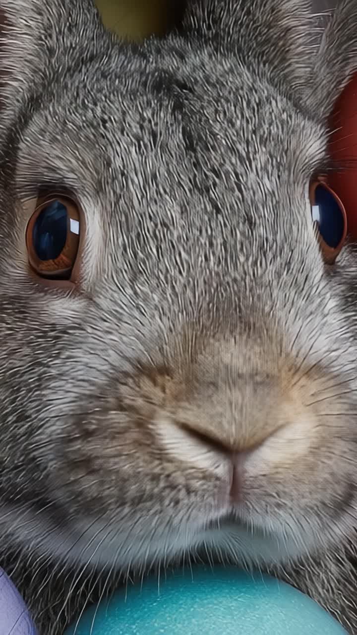 Un primo piano di un adorabile coniglio grigio circondato da colorate uova di Pasqua, che cattura i suoi occhi espressivi e la morbida pelliccia con dettagli mozzafiato.