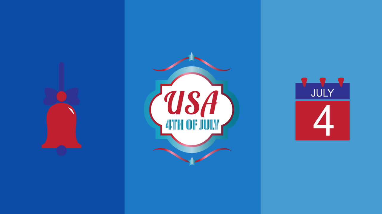 푸른 배경 에 있는 종 과 달력 아이콘 위 에 있는 행복 한 독립 의 날 문자