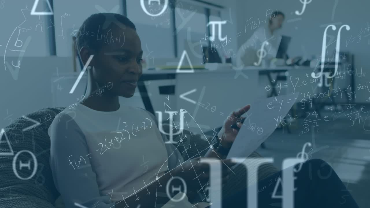 Animation of mathematical equations over diverse business people in office