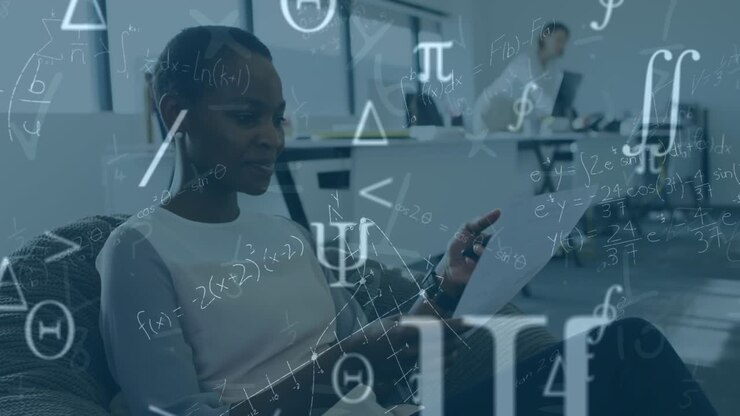 Animation of mathematical equations over diverse business people in office