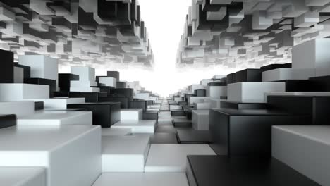túnel geométrico abstracto hecho de cubos blancos y negros con movimiento aleatorio. bucle sin costuras 3d render